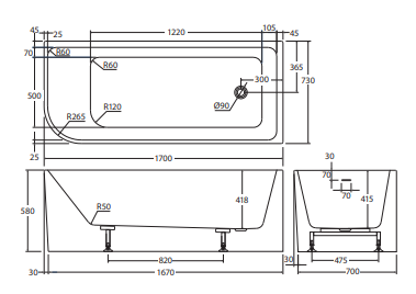 Hustle Left-Hand Multi-Fit Acrylic Bath with Overflow, 1700mm