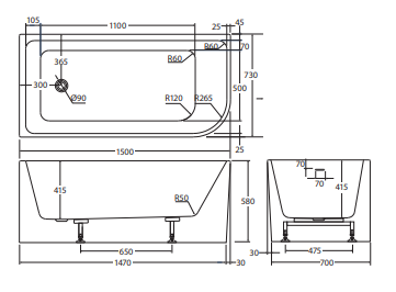 Hustle Right-Hand Multi-Fit Acrylic Bath with Overflow, 1500mm