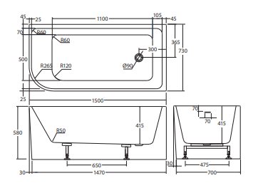 Hustle Left-Hand Multi-Fit Acrylic Bath with Overflow, 1500mm