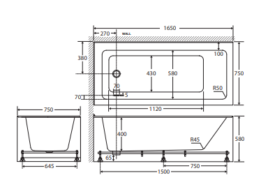 Sentor Right-Hand Acrylic Corner Bath with Overflow, 1650mm