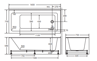 Sentor Left-Hand Acrylic Corner Bath with Overflow, 1650mm