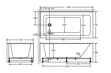 Sentor Right-Hand Acrylic Corner Bath with Overflow, 1500mm