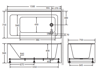 Sentor Left-Hand Acrylic Corner Bath with Overflow, 1500mm