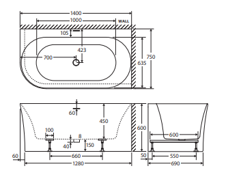 Chloe Left-Hand Acrylic Corner Bath with Overflow, 1400mm