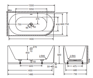 Eleanor Right-Hand Corner Acrylic Bath with Overflow, 1500mm