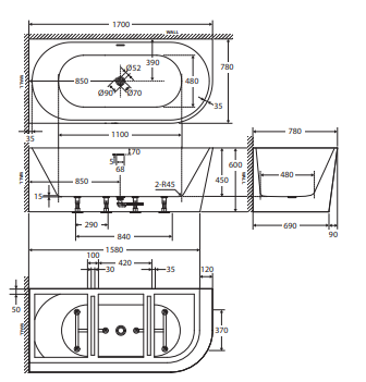 Isabella Right-Hand Acrylic Corner Bath with Overflow, Gloss White, 1700mm