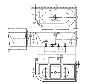 Isabella Left-Hand Acrylic Corner Bath with Overflow, Matte White, 1500mm