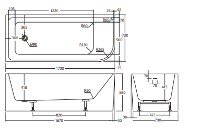Hustle Right-Hand Multi-Fit Acrylic Bath with Overflow, 1700mm