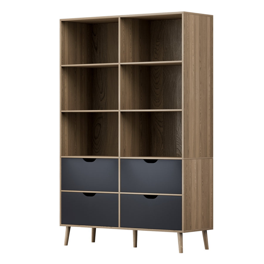 Artiss MITZI Bookshelf with 4 Drawers in Oak and Blue Finish – Pilbara Bathroom Warehouse Perth and regional Western Australia