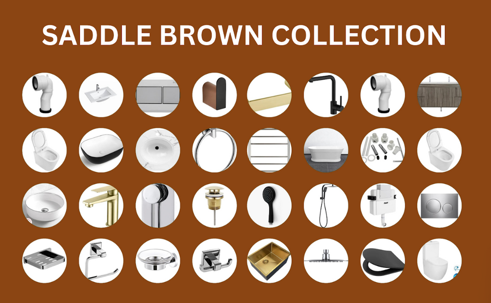 Collection of bathroom fixtures and fittings with 'Saddle Brown Collection' text on a brown background.