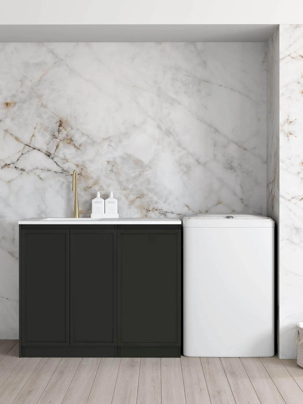 Hampshire Black Base Laundry Cabinet with Stone Top and Sink 1060X600X900