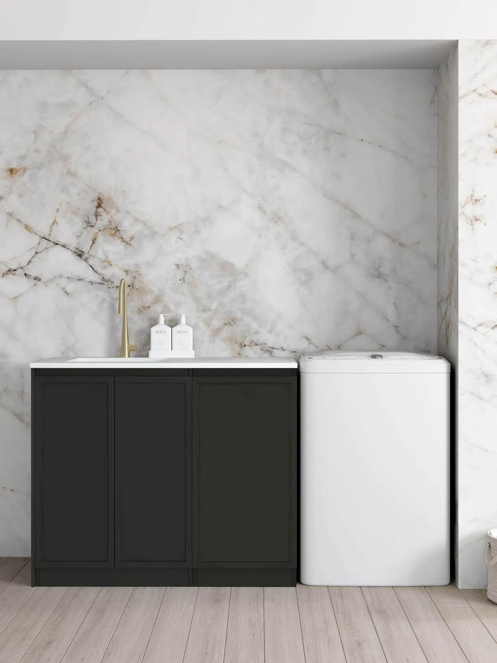 Hampshire Black Base Laundry Cabinet with Stone Top and Sink 1060X600X900