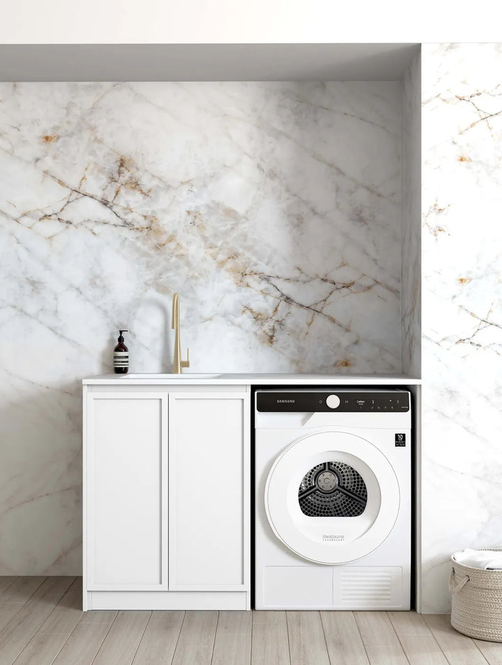 Hampshire White Base Laundry Cabinet with Stone Top and Sink – 1300x600x900