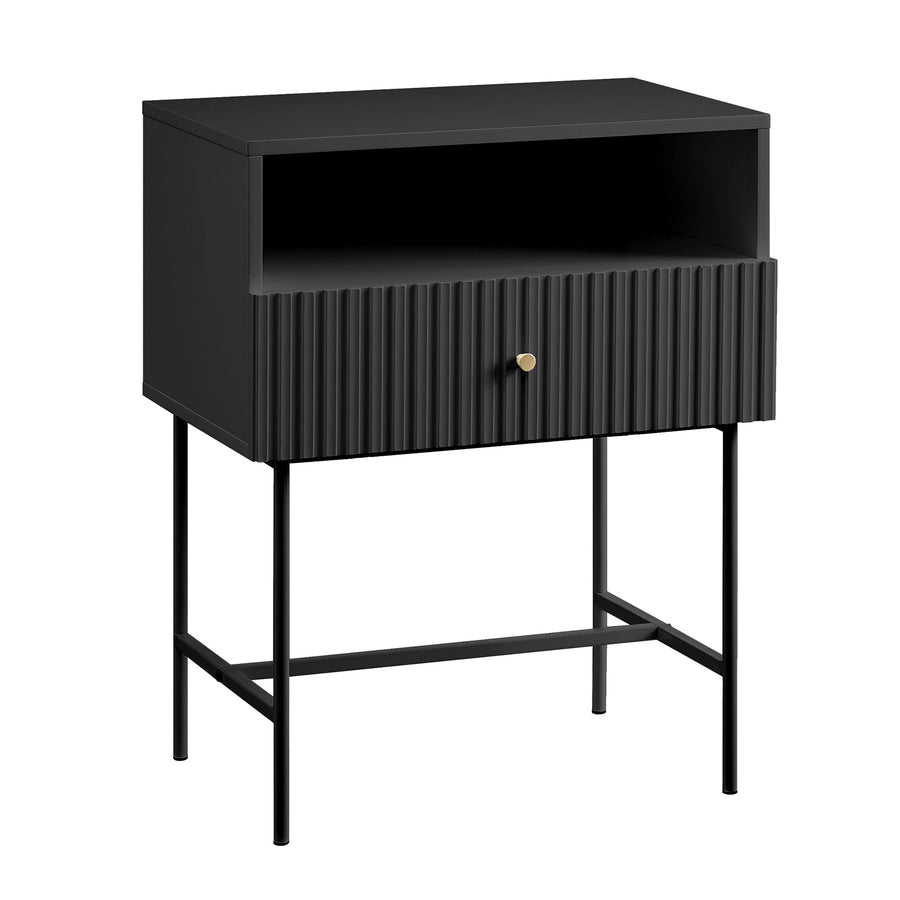 Lucia Slender Fluted Bedside Table in Black with Melamine Body, MDF Drawer Front, and Metal Legs – Pilbara Bathroom Warehouse Perth and regional Western Australia