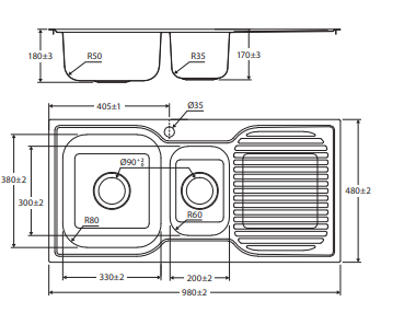 Tiva 980 1.5 Kitchen Sink with Drainer, Left Bowl