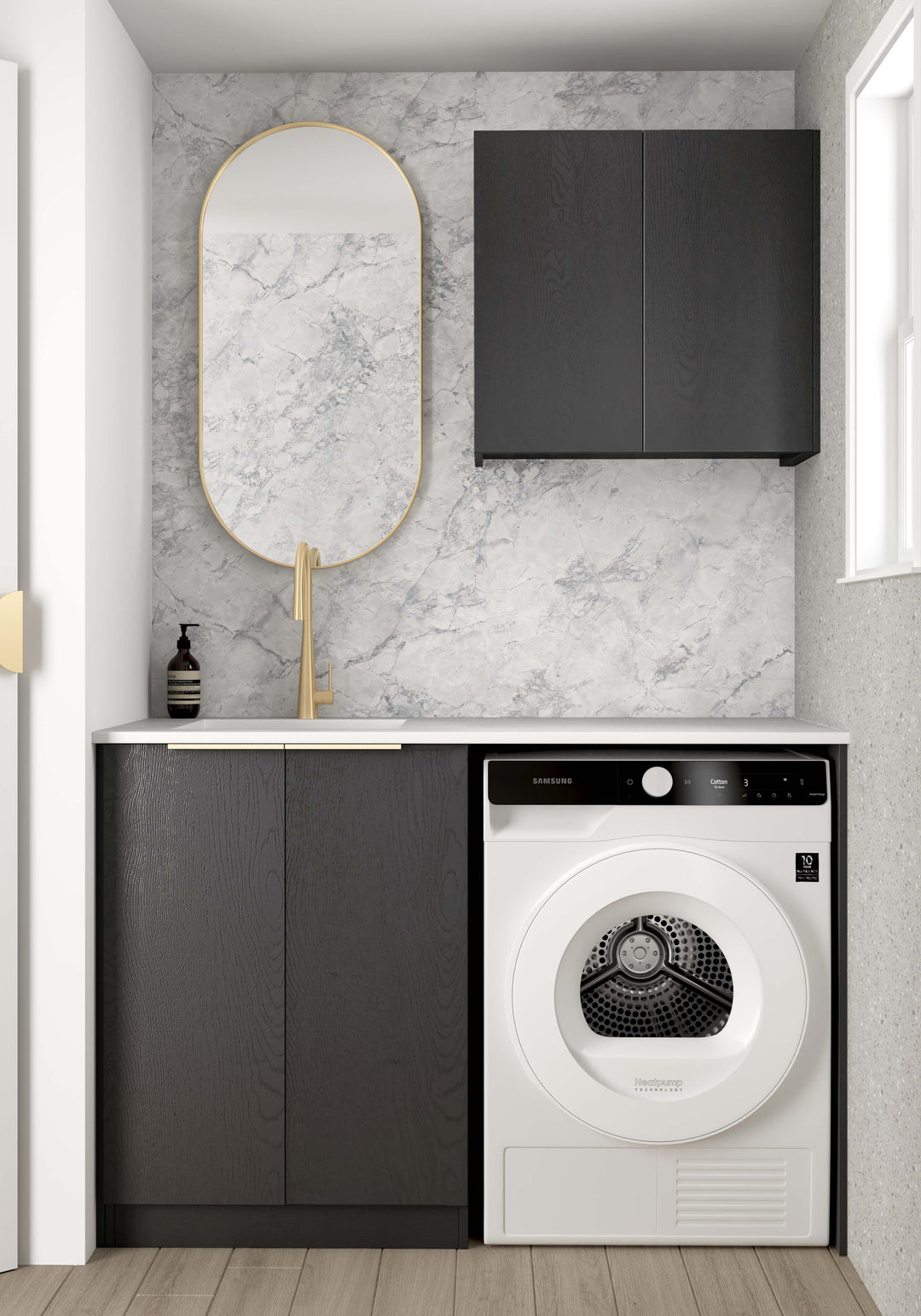 Laundry Kit 1305A Byron/Bondi Black Oak with Natural Carrara Marble Top