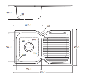 Tiva 780 Single Kitchen Sink with Drainer, Left Bowl