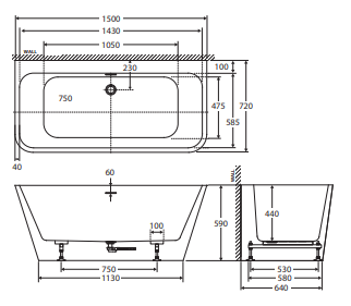 Delta Back-To-Wall Acrylic Bath with Overflow, Gloss White, 1500mm