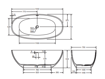Sasso Solid Surface Bath, 1550mm