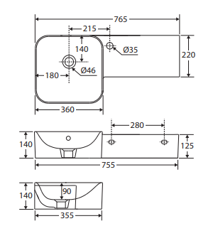 RAK Petit Square Wall Basin, Right Edge, No Tap Hole