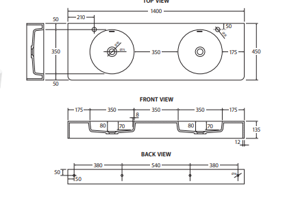 Encanto 1400 Solid Surface Wall Basin, Double Bowl, No Tap Hole