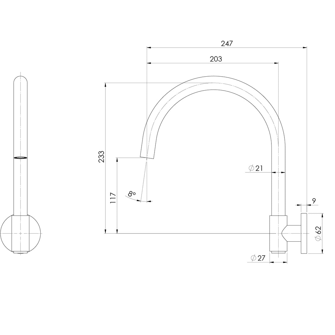 Vivid MKII Wall Sink Outlet 200mm Gooseneck – Lead Free