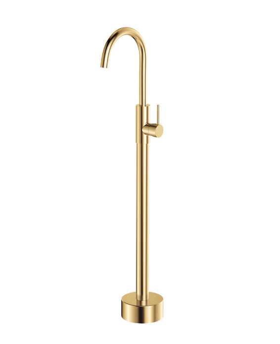 Kaya urban brass floor-mounted basin/bath mixer, lead-free and striking – Pilbara Bathroom Warehouse Perth and regional Western Australia