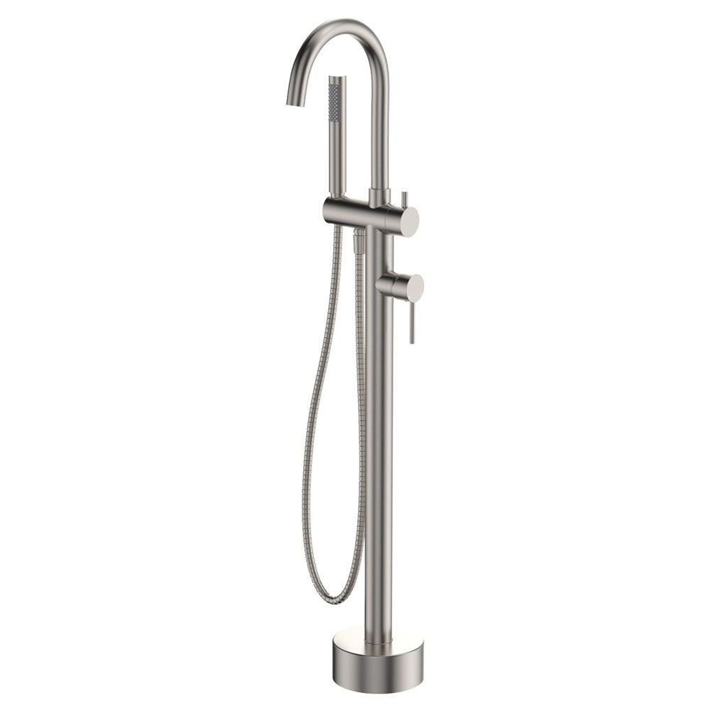 Kaya Floor Mounted Bath Mixer With Hand Shower, Brushed Nickel – Pilbara Bathroom Warehouse Perth and regional Western Australia