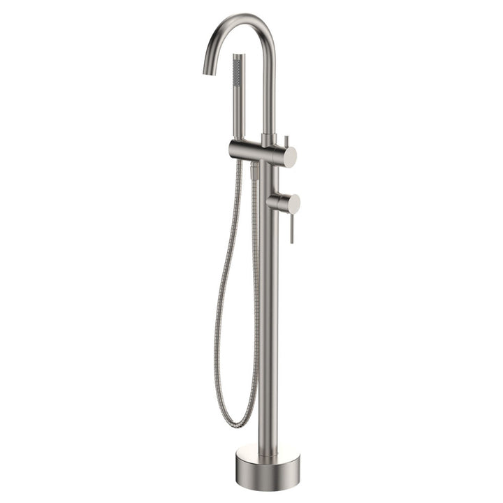 Kaya Floor Mounted Bath Mixer With Hand Shower, Brushed Nickel – Pilbara Bathroom Warehouse Perth and regional Western Australia