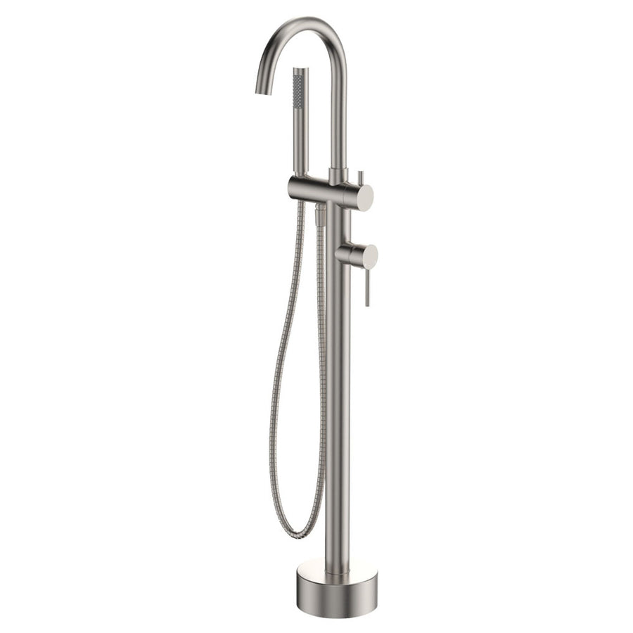 Kaya Floor Mounted Bath Mixer With Hand Shower, Brushed Nickel – Pilbara Bathroom Warehouse Perth and regional Western Australia