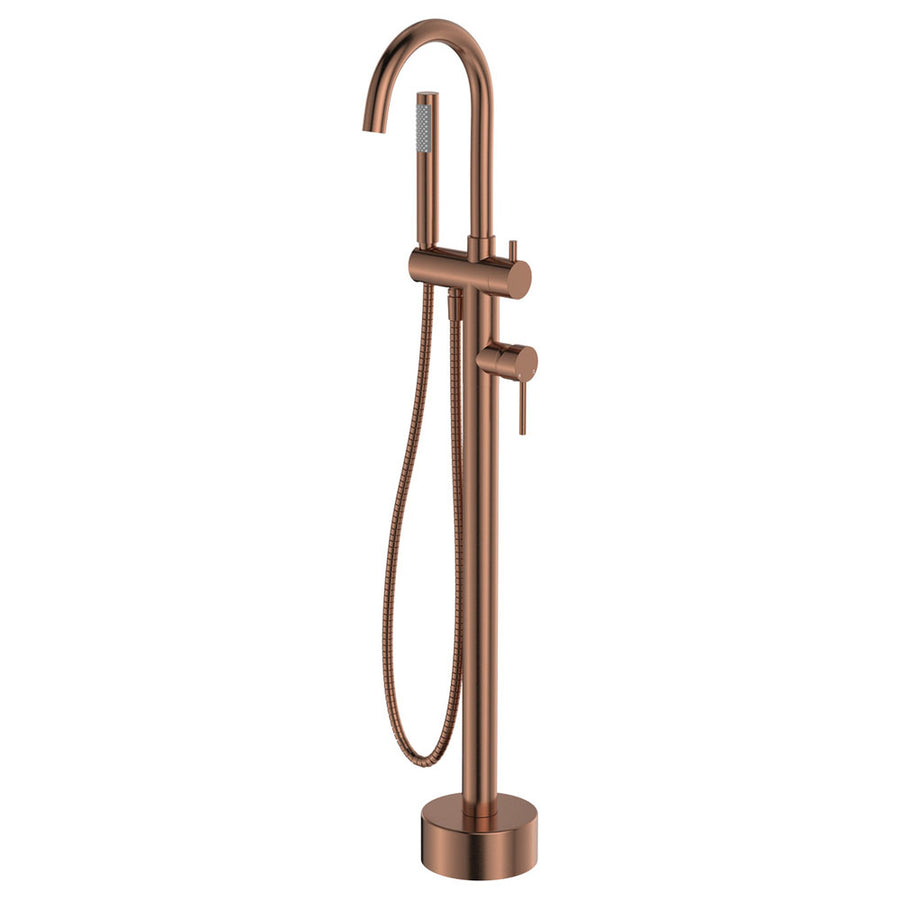 Kaya Floor Mounted Bath Mixer With Hand Shower, Brushed Copper – Pilbara Bathroom Warehouse Perth and regional Western Australia