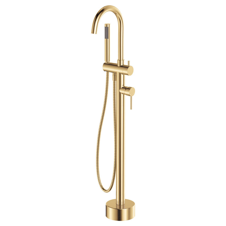 Kaya Floor Mounted Bath Mixer With Hand Shower, Urban Brass – Pilbara Bathroom Warehouse Perth and regional Western Australia