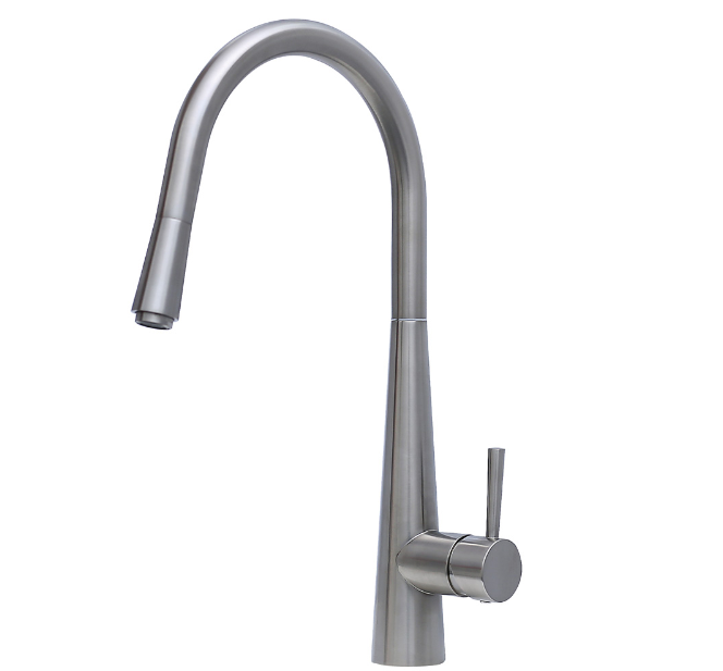 Isabella deluxe brushed nickel gooseneck kitchen mixer with pull-out and lead-free design – Pilbara Bathroom Warehouse Perth and regional Western Australia
