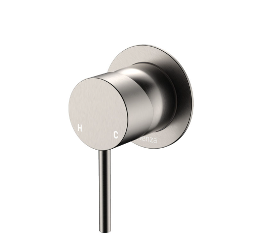 Kaya wall mixer with brushed nickel finish and small round plate in lead-free SUS304 – Pilbara Bathroom Warehouse Perth and regional Western Australia