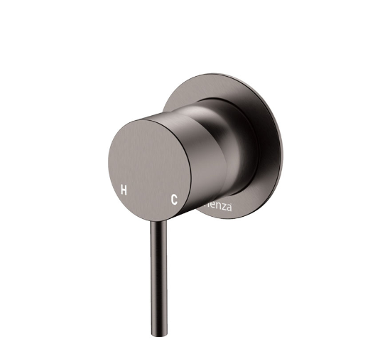 Kaya gun metal wall mixer with compact round plate, crafted in SUS304 stainless steel – Pilbara Bathroom Warehouse Perth and regional Western Australia