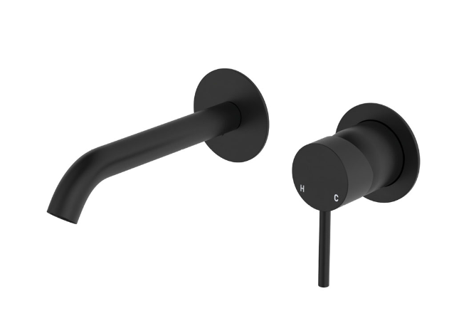Kaya matte black wall mixer set with round plates and 160mm outlet – Pilbara Bathroom Warehouse Perth and regional Western Australia