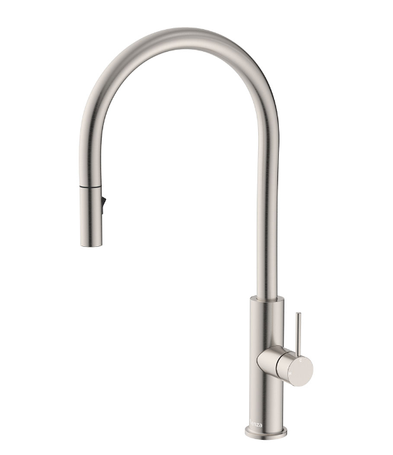 Kaya brushed nickel sink mixer with modern appeal, lead-free SUS304 – Pilbara Bathroom Warehouse Perth and regional Western Australia