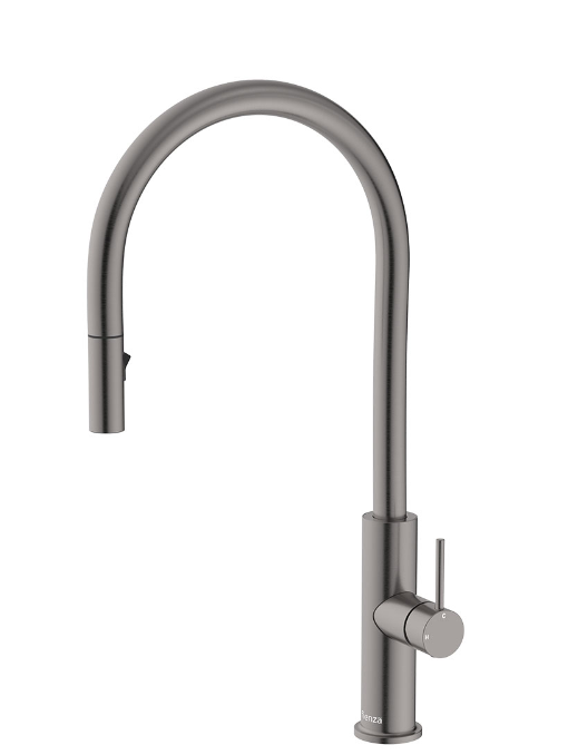 Kaya tall basin mixer in bold gun metal finish, lead-free SUS304 – Pilbara Bathroom Warehouse Perth and regional Western Australia