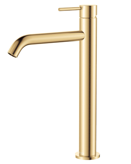 Kaya tall basin mixer in urban brass finish, stylish and lead-free – Pilbara Bathroom Warehouse Perth and regional Western Australia