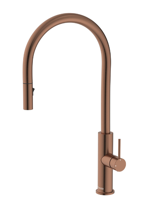 Kaya brushed copper pull-out sink mixer, durable and lead-free – Pilbara Bathroom Warehouse Perth and regional Western Australia