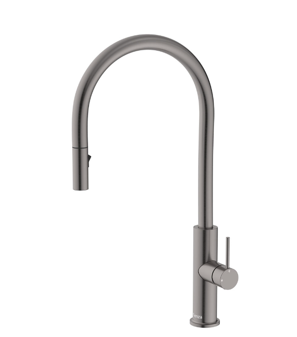 Kaya gun metal pull-out sink mixer with industrial flair, lead-free SUS304 – Pilbara Bathroom Warehouse Perth and regional Western Australia
