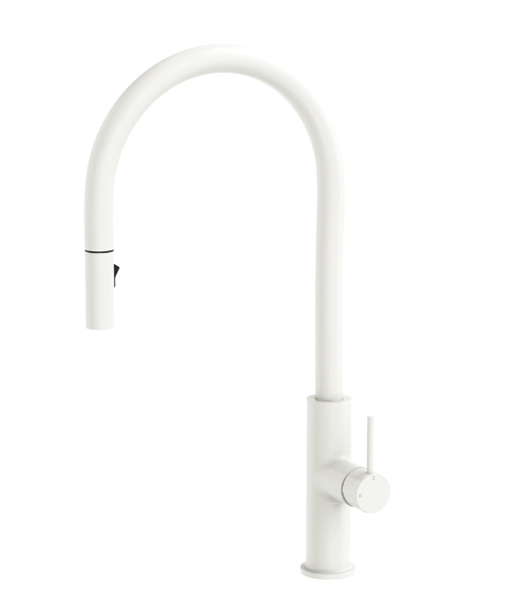 Kaya matte white pull-out sink mixer, sleek design and lead-free – Pilbara Bathroom Warehouse Perth and regional Western Australia