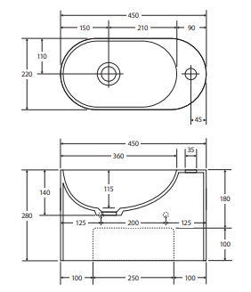 Ari Solid Surface Wall Basin, No Tap Hole