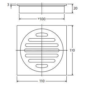 Square Floor Waste, Round Grate, 100mm Outlet, Matte Black