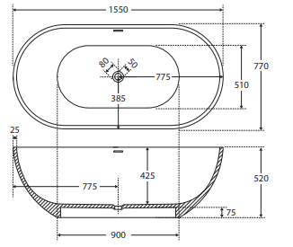 Nero Solid Surface Bath, 1550mm