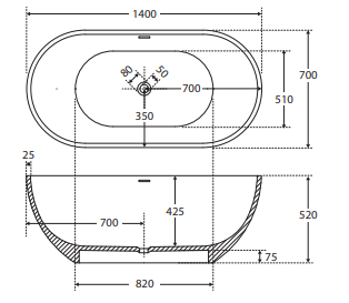Nero Solid Surface Bath, 1400mm