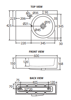 Reba Right Bowl Wall Basin, No Tap Hole