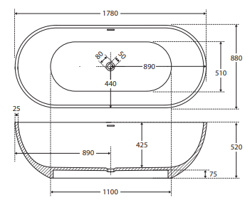 Nero Solid Surface Bath, 1780mm