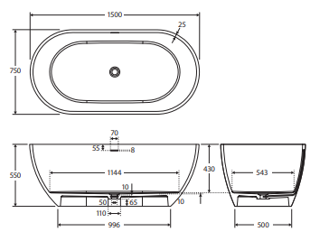Luciana Solid Surface Bath, Matte Black, 1500mm