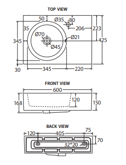 Reba Left Bowl Wall Basin, No Tap Hole